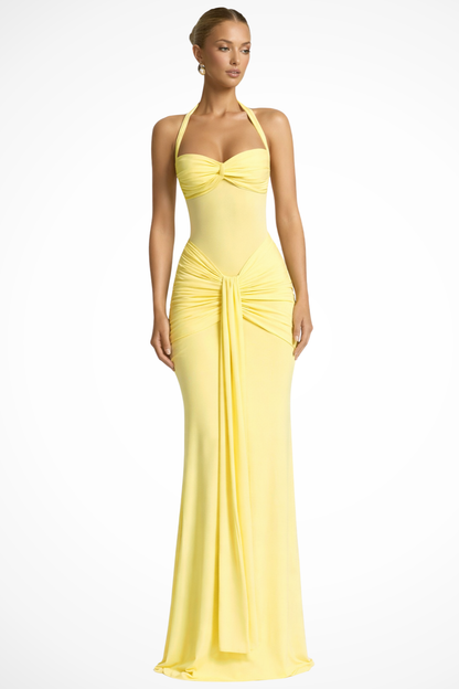 Celia Women’s Maxi Dress featuring a stylish halter neck and elegantly ruched bodice, perfect for formal occasions and special events. 4