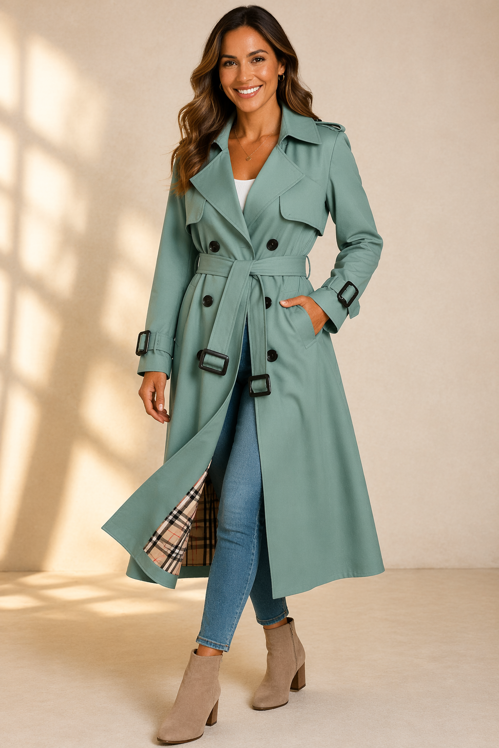 Celoura Women’s Trench Coat featuring a stylish double breasted front and an adjustable belt, perfect for adding sophistication and warmth to any outfit. 1