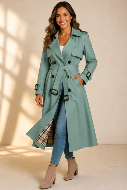 Celoura Women’s Trench Coat featuring a stylish double breasted front and an adjustable belt, perfect for adding sophistication and warmth to any outfit. 1