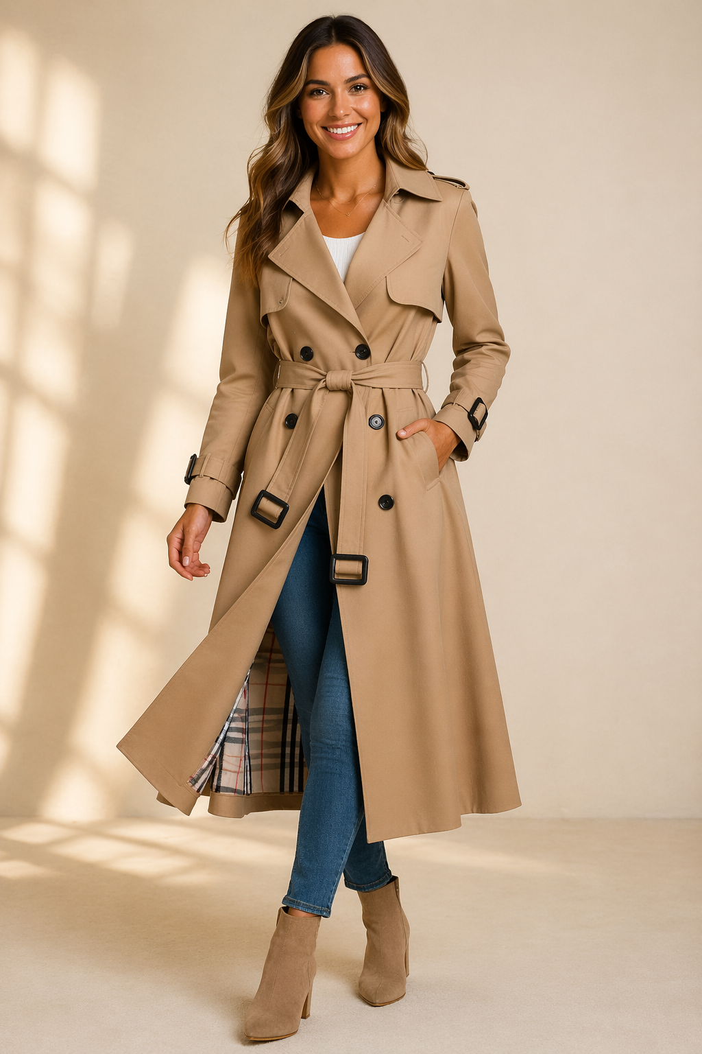 Celoura Women’s Trench Coat featuring a stylish double breasted front and an adjustable belt, perfect for adding sophistication and warmth to any outfit. 2