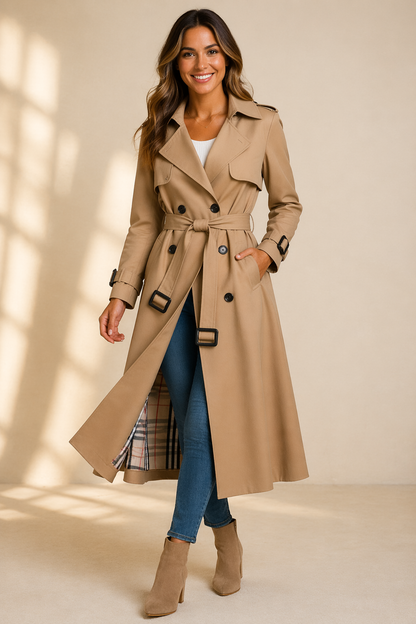 Celoura Women’s Trench Coat featuring a stylish double breasted front and an adjustable belt, perfect for adding sophistication and warmth to any outfit. 2