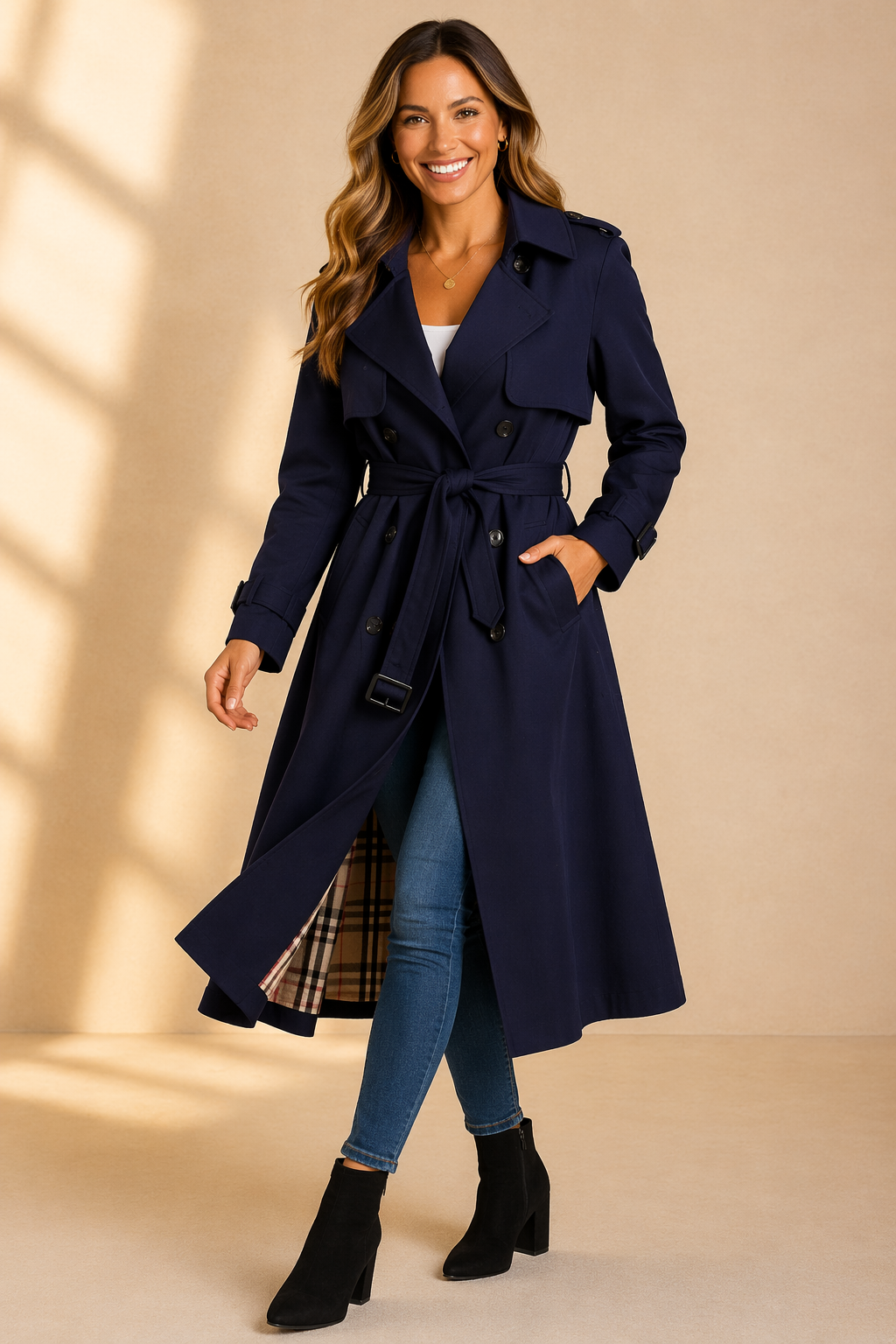 Celoura Women’s Trench Coat featuring a stylish double breasted front and an adjustable belt, perfect for adding sophistication and warmth to any outfit. 3