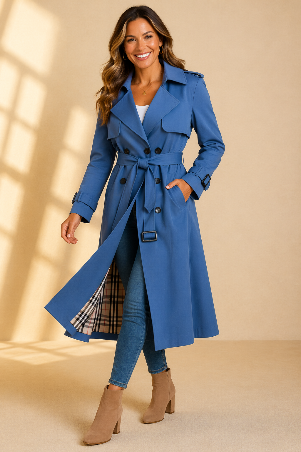 Celoura Women’s Trench Coat featuring a stylish double breasted front and an adjustable belt, perfect for adding sophistication and warmth to any outfit. 4