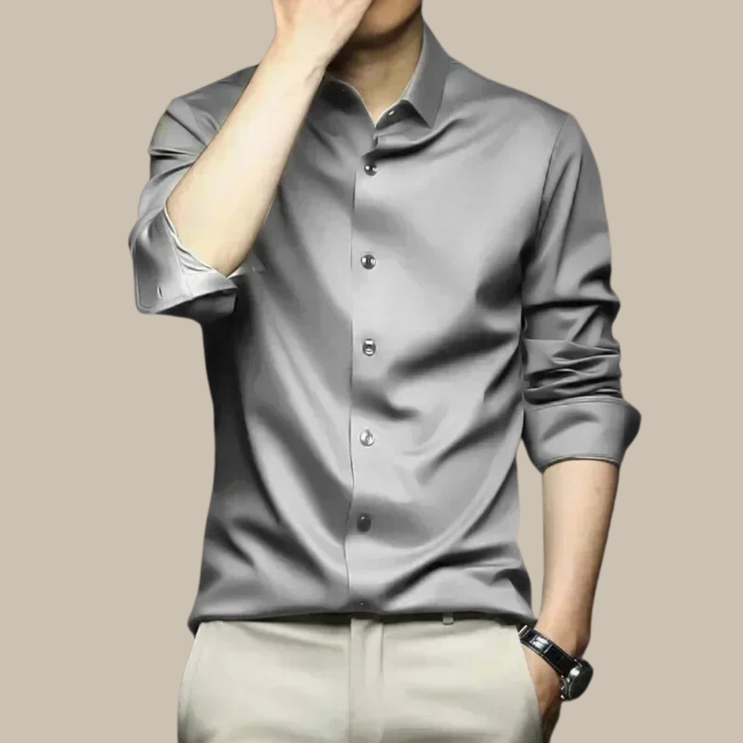 Chic men's shirt featuring an elegant silk design, perfect for versatile styling in formal and casual settings. 0