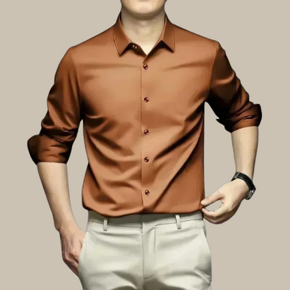 Chic men's shirt featuring an elegant silk design, perfect for versatile styling in formal and casual settings. 1