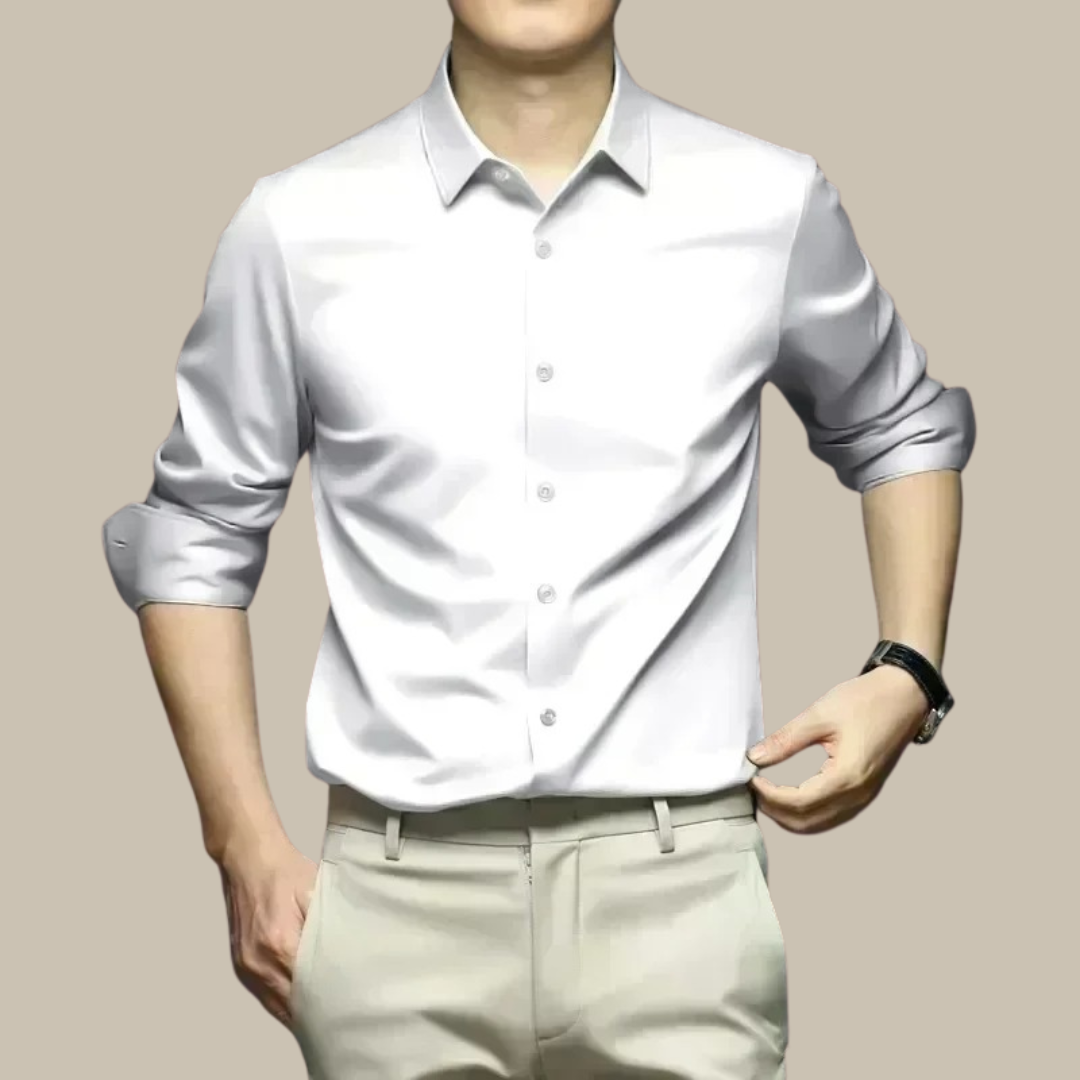 Chic men's shirt featuring an elegant silk design, perfect for versatile styling in formal and casual settings. 10