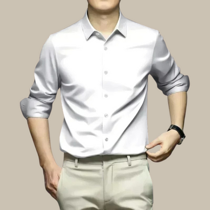 Chic men's shirt featuring an elegant silk design, perfect for versatile styling in formal and casual settings. 10