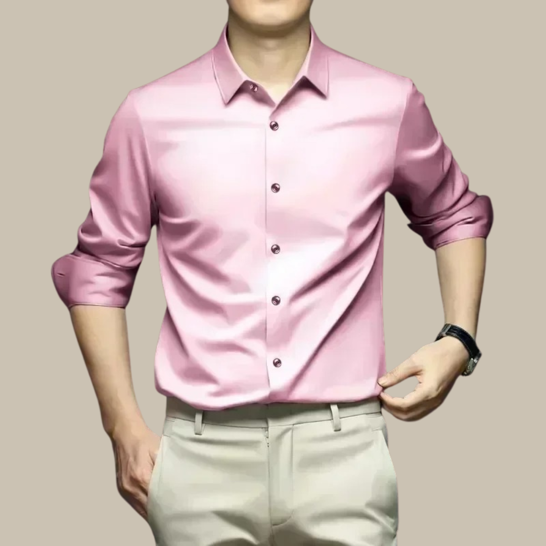 Chic men's shirt featuring an elegant silk design, perfect for versatile styling in formal and casual settings. 11