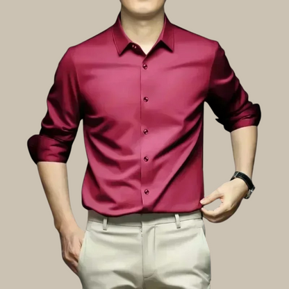 Chic men's shirt featuring an elegant silk design, perfect for versatile styling in formal and casual settings. 2