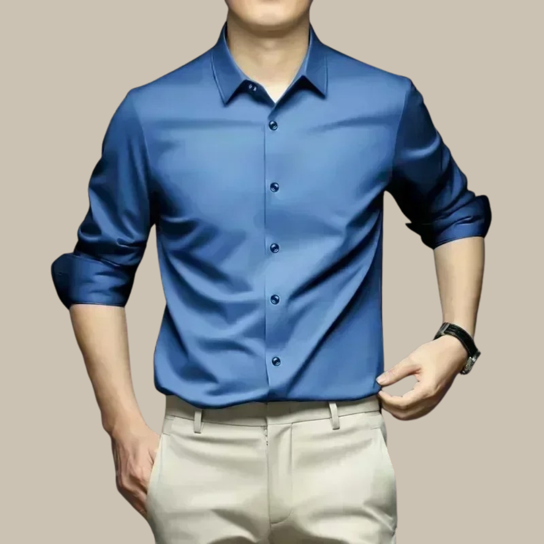 Chic men's shirt featuring an elegant silk design, perfect for versatile styling in formal and casual settings. 3