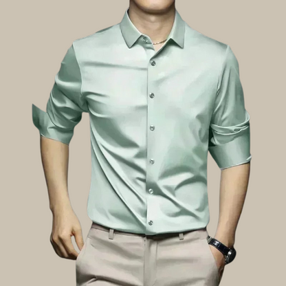 Chic men's shirt featuring an elegant silk design, perfect for versatile styling in formal and casual settings. 4