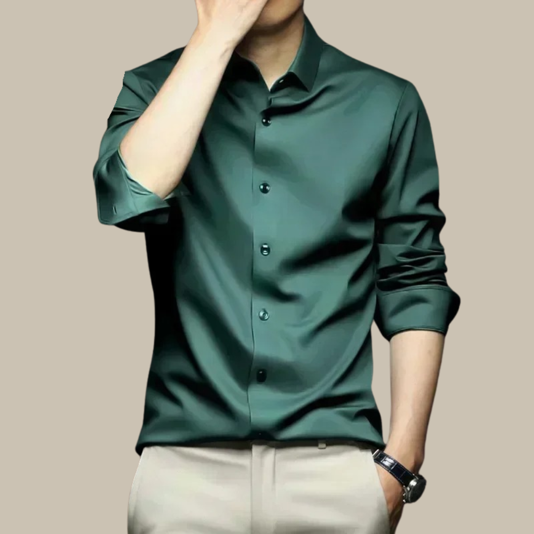 Chic men's shirt featuring an elegant silk design, perfect for versatile styling in formal and casual settings. 5
