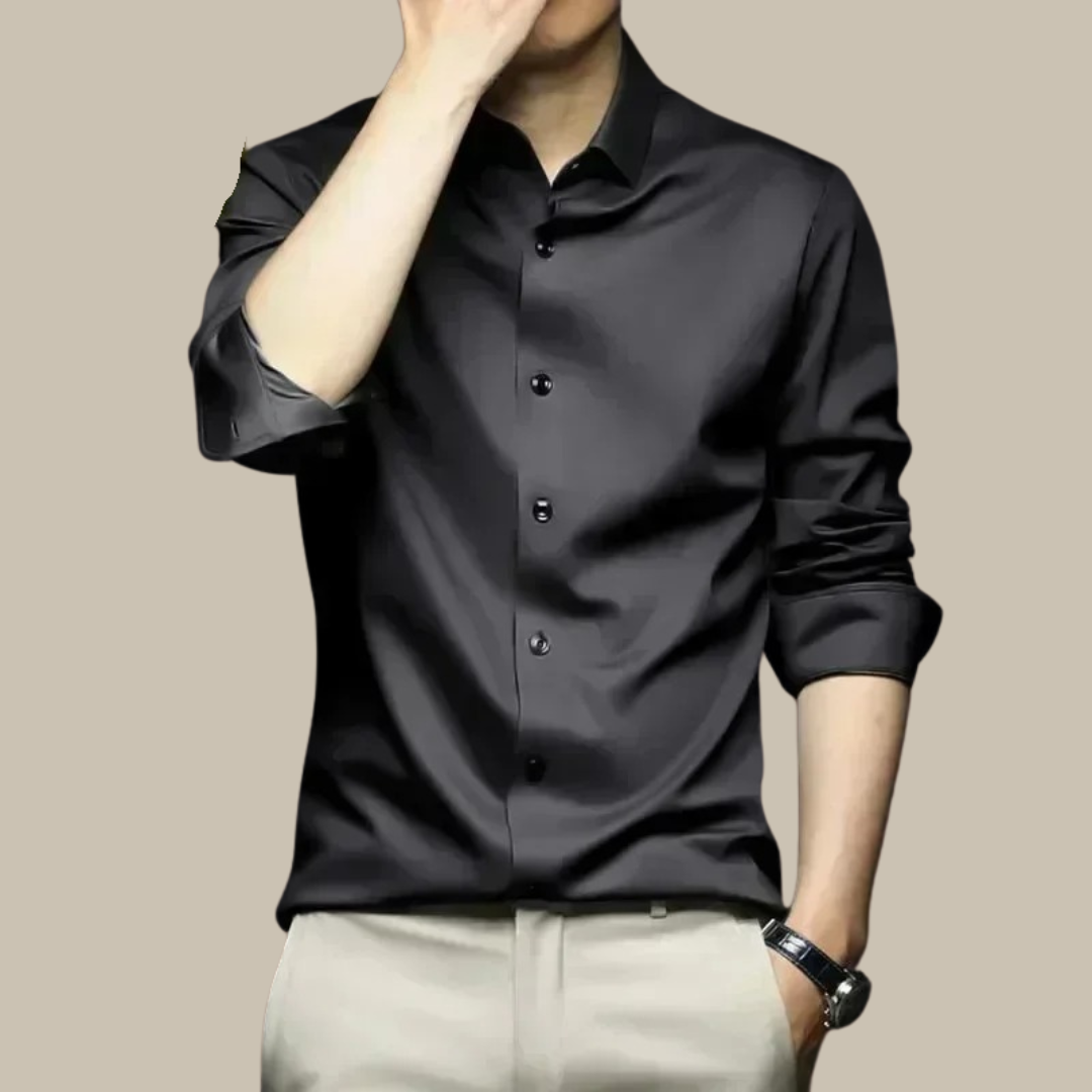 Chic men's shirt featuring an elegant silk design, perfect for versatile styling in formal and casual settings. 6