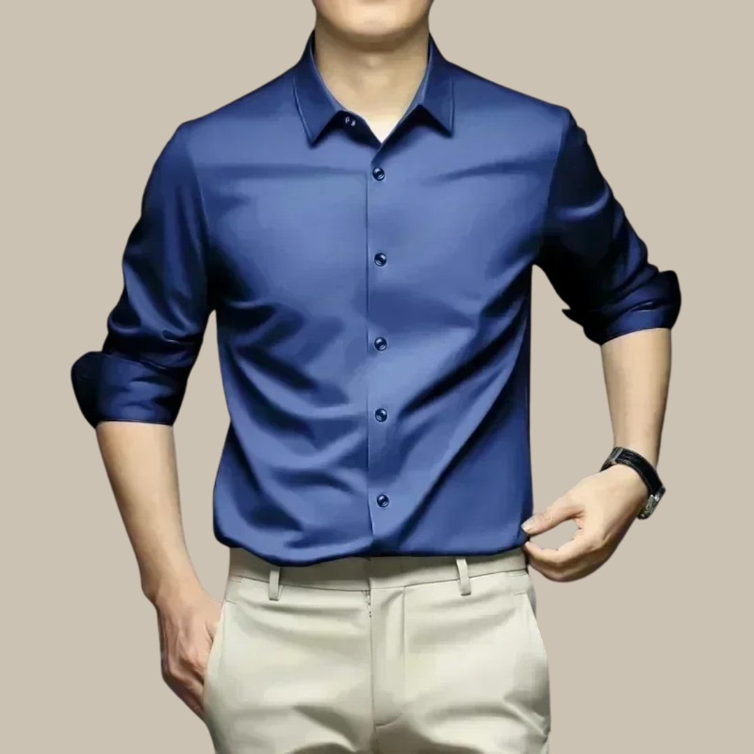 Chic men's shirt featuring an elegant silk design, perfect for versatile styling in formal and casual settings. 7