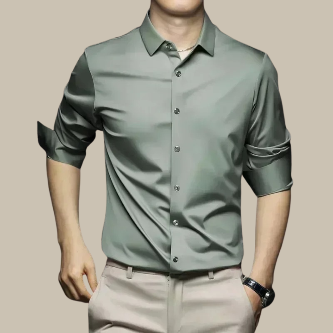 Chic men's shirt featuring an elegant silk design, perfect for versatile styling in formal and casual settings. 8