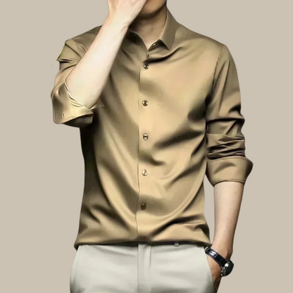 Chic men's shirt featuring an elegant silk design, perfect for versatile styling in formal and casual settings. 9