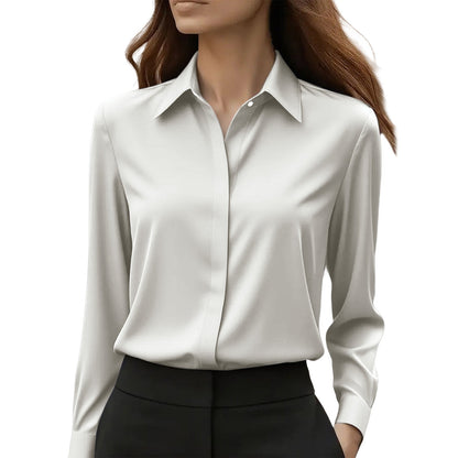 Chic women's blouse featuring a classic collar and elegant button details, perfect for stylish casual or professional outfits. 6