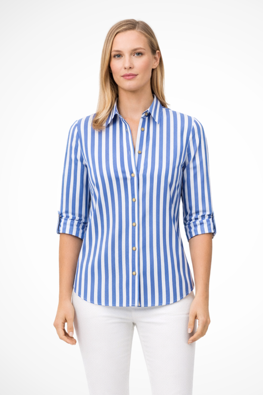 Chloe slim fit blouse featuring vertical stripes and roll-tab sleeves, perfect for a stylish and comfortable look. 0