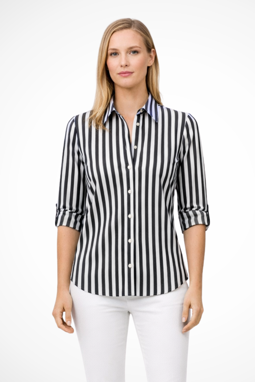 Chloe slim fit blouse featuring vertical stripes and roll-tab sleeves, perfect for a stylish and comfortable look. 2