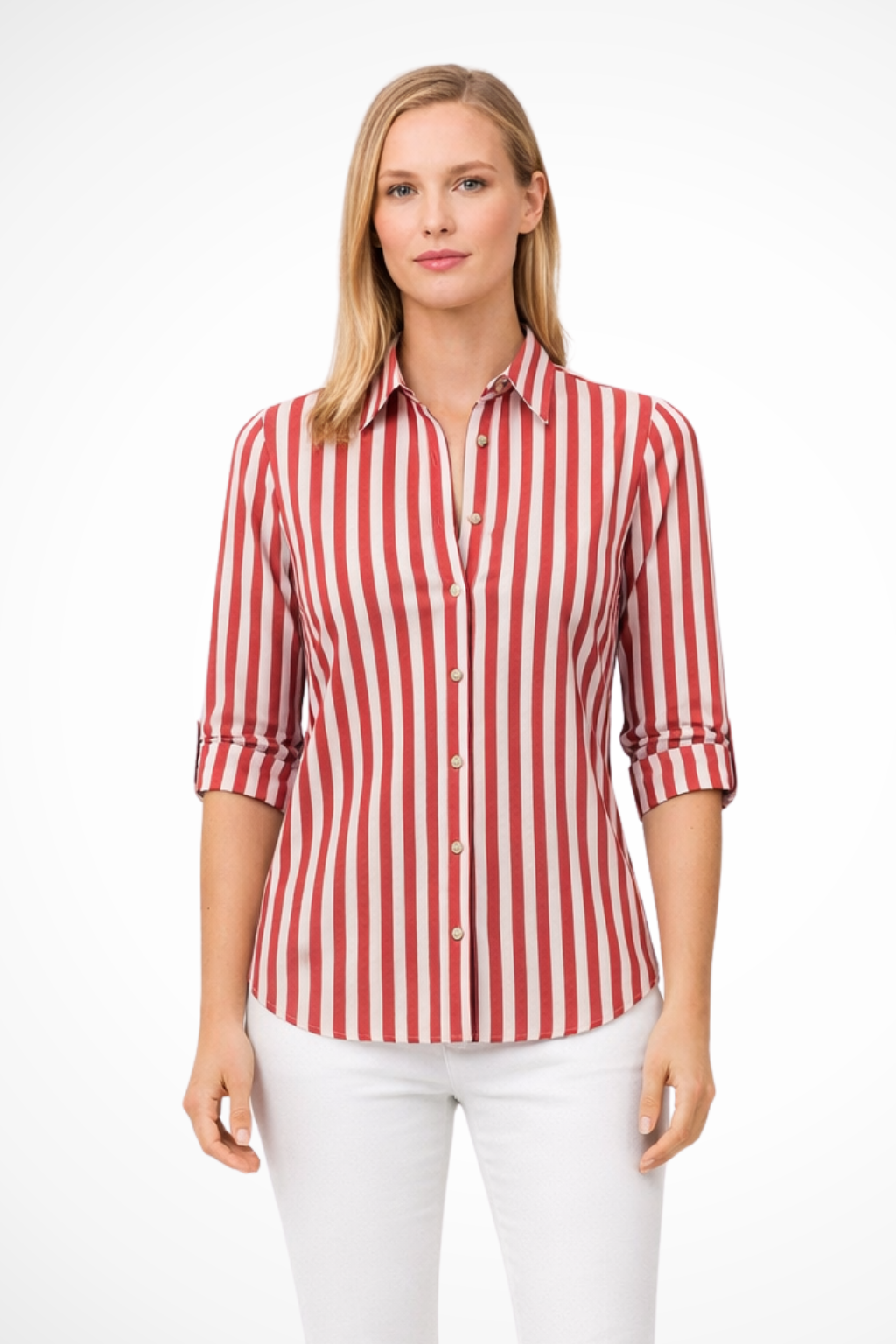 Chloe slim fit blouse featuring vertical stripes and roll-tab sleeves, perfect for a stylish and comfortable look. 4