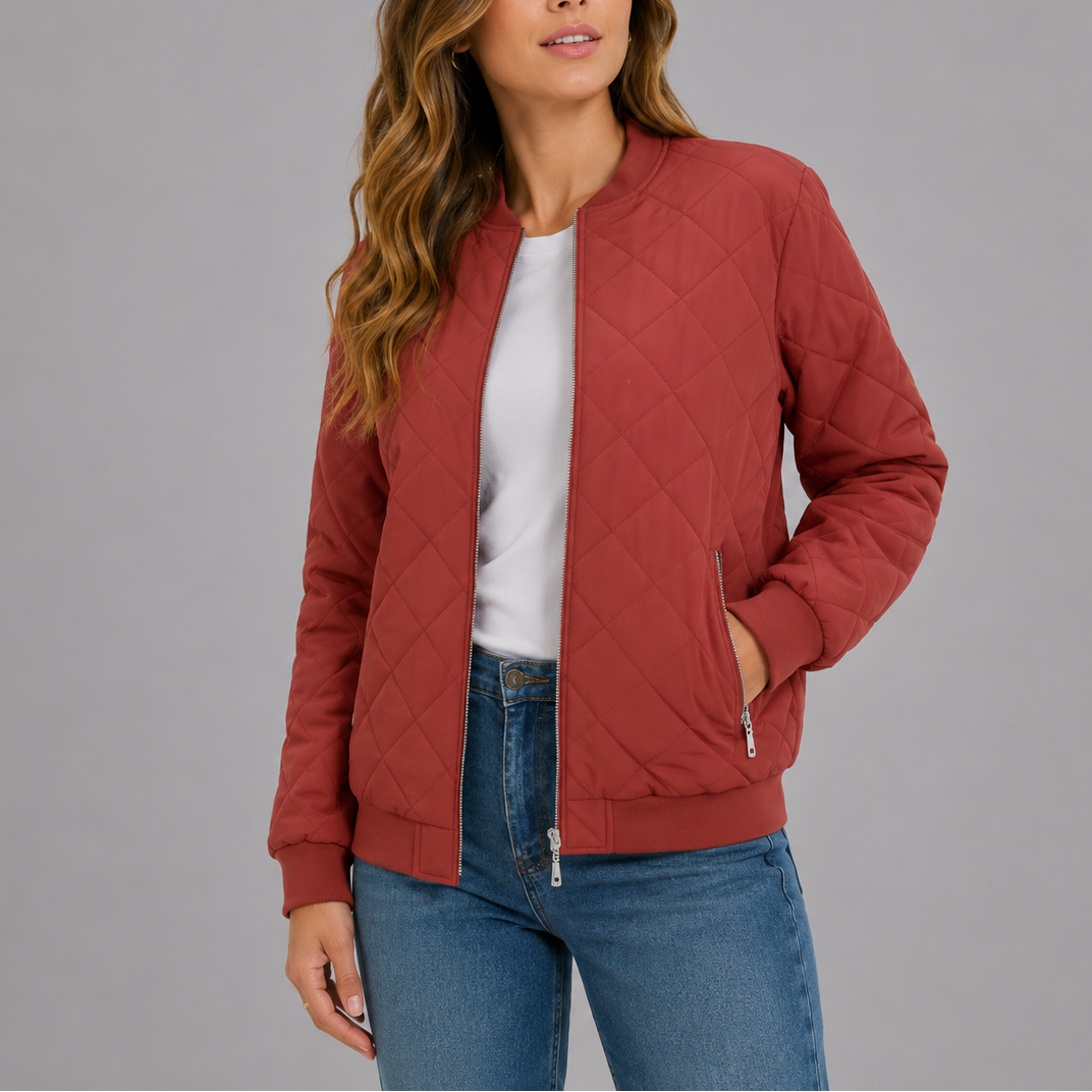 Clara Women's Quilted Bomber Jacket featuring a lightweight design and stylish diamond pattern, perfect for casual outings and layering in cooler weather. 0