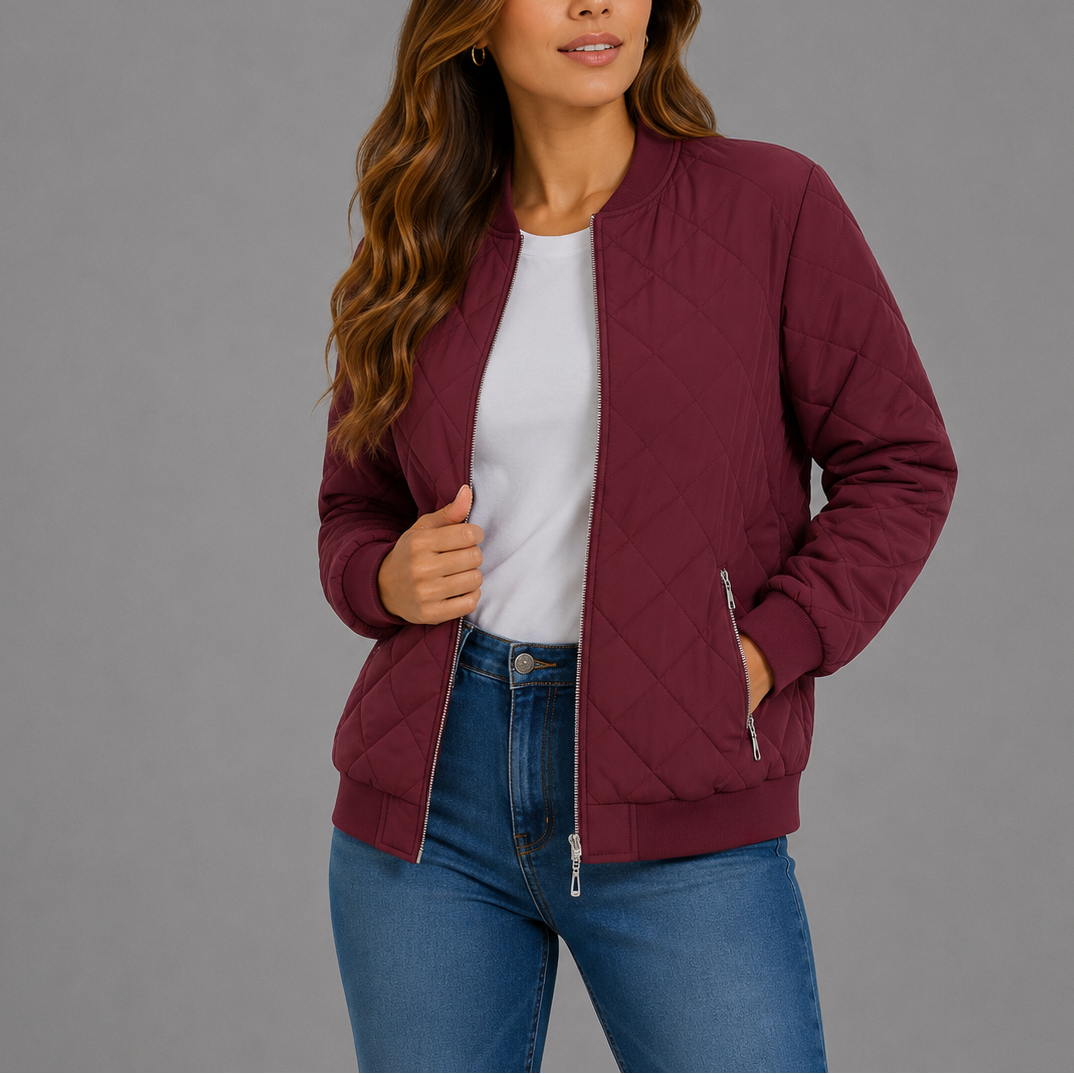 Clara Women's Quilted Bomber Jacket featuring a lightweight design and stylish diamond pattern, perfect for casual outings and layering in cooler weather. 1