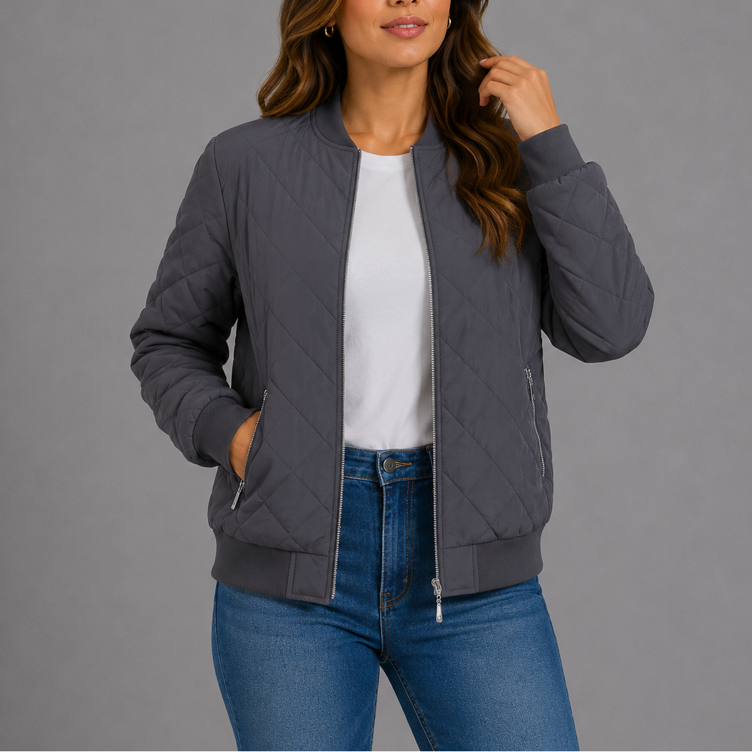 Clara Women's Quilted Bomber Jacket featuring a lightweight design and stylish diamond pattern, perfect for casual outings and layering in cooler weather. 10