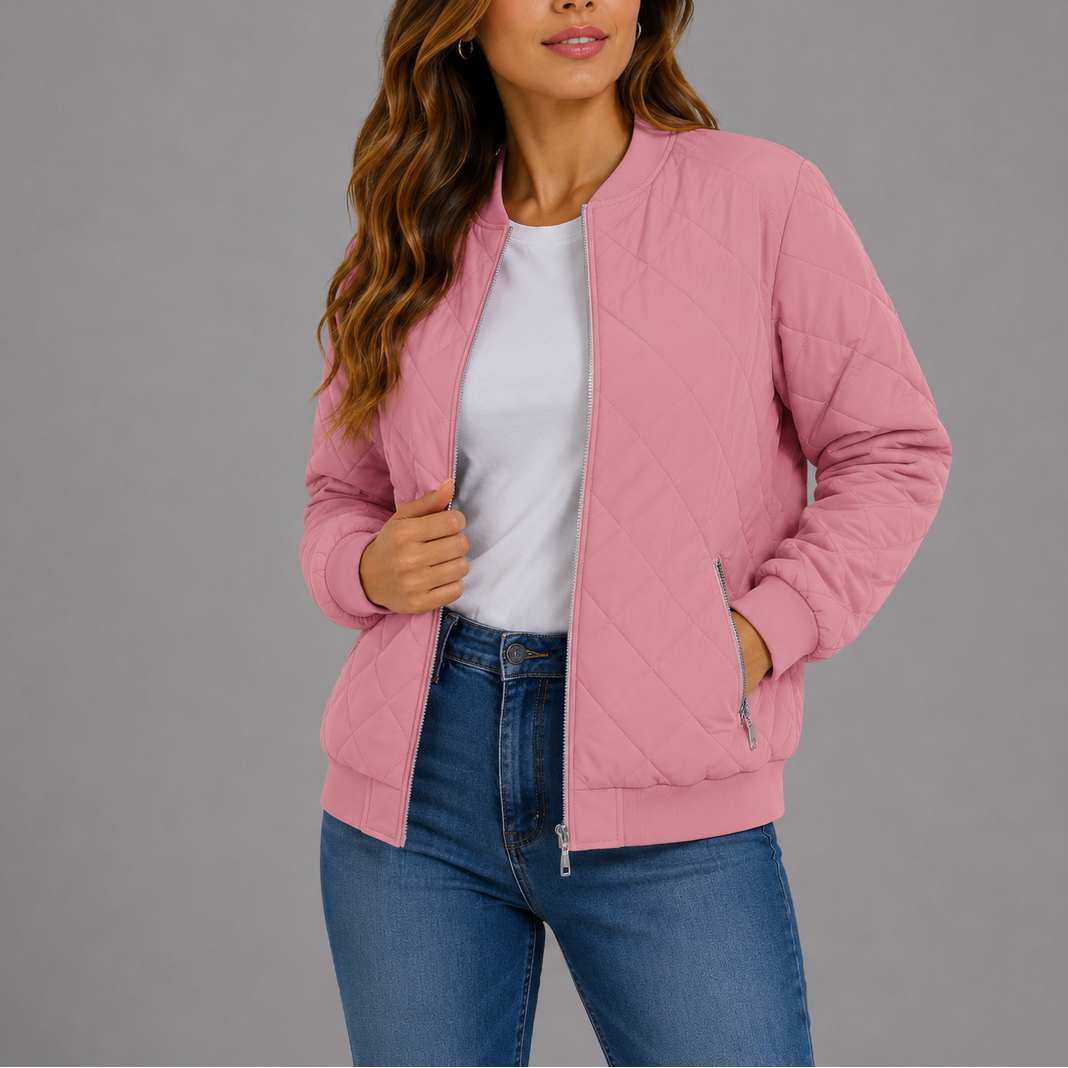 Clara Women's Quilted Bomber Jacket featuring a lightweight design and stylish diamond pattern, perfect for casual outings and layering in cooler weather. 11