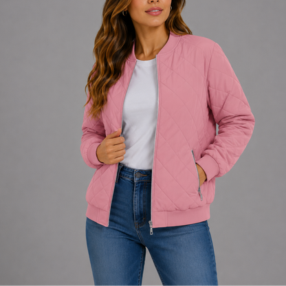 Clara Women's Quilted Bomber Jacket featuring a lightweight design and stylish diamond pattern, perfect for casual outings and layering in cooler weather. 11