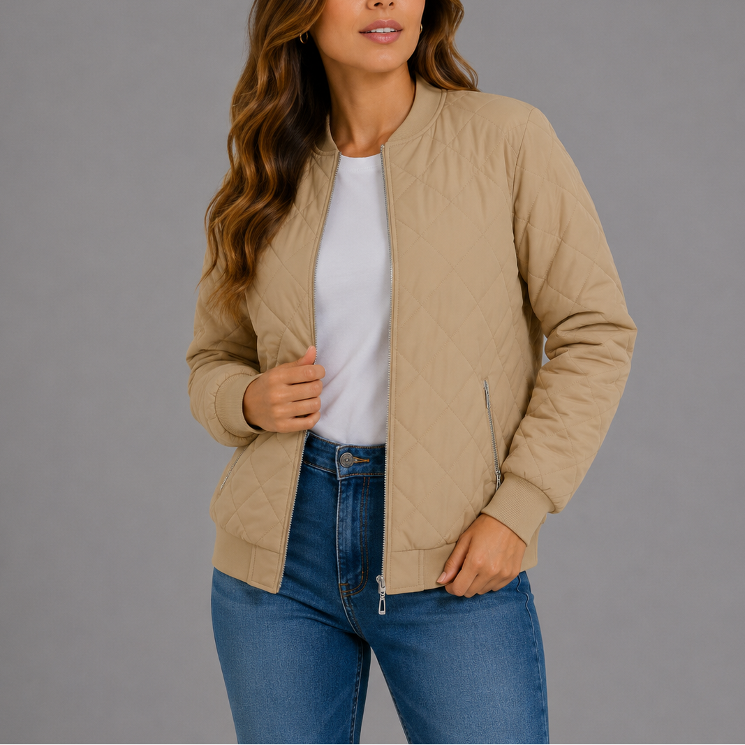 Clara Women's Quilted Bomber Jacket featuring a lightweight design and stylish diamond pattern, perfect for casual outings and layering in cooler weather. 12