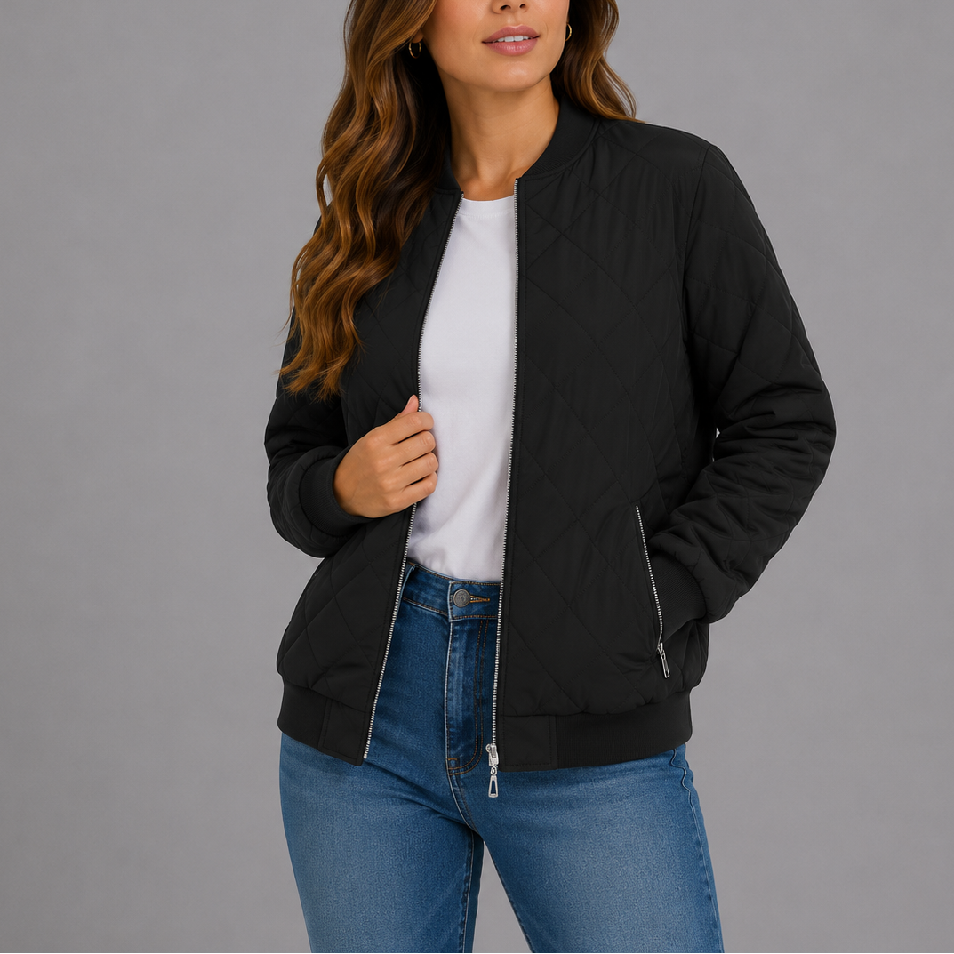Clara Women's Quilted Bomber Jacket featuring a lightweight design and stylish diamond pattern, perfect for casual outings and layering in cooler weather. 13