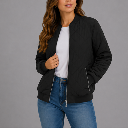 Clara Women's Quilted Bomber Jacket featuring a lightweight design and stylish diamond pattern, perfect for casual outings and layering in cooler weather. 13