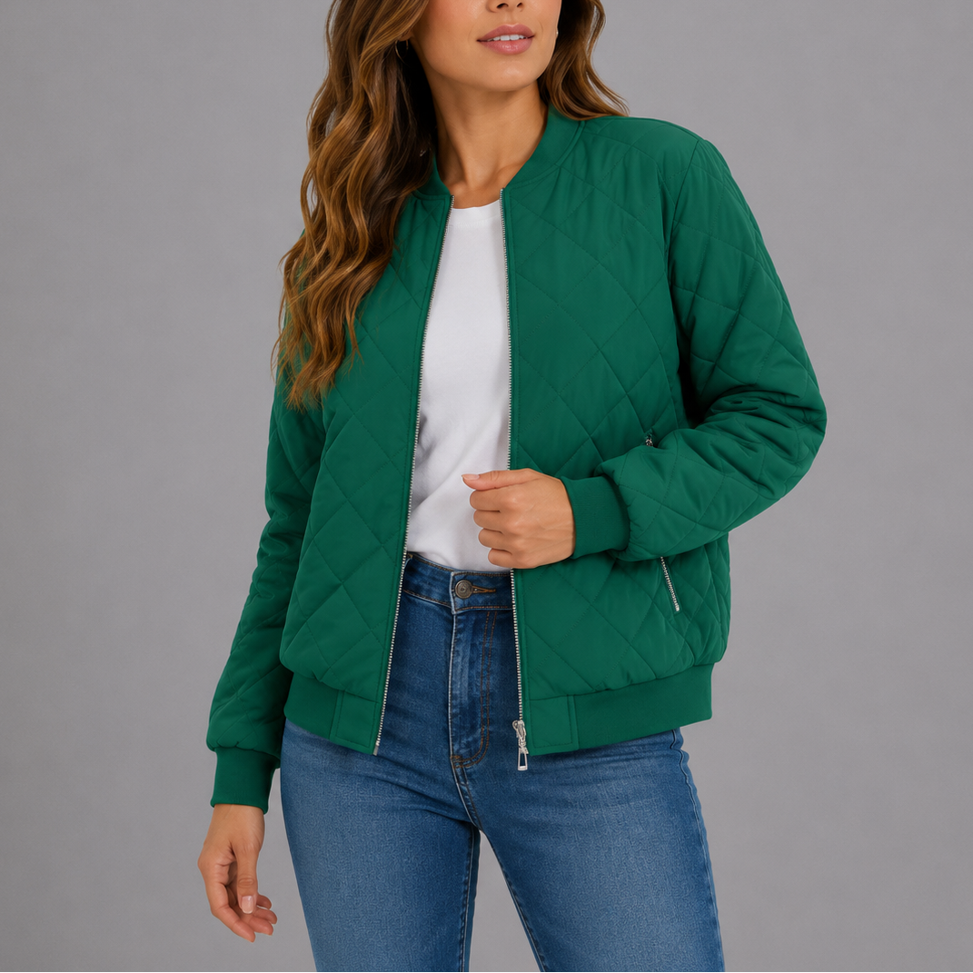 Clara Women's Quilted Bomber Jacket featuring a lightweight design and stylish diamond pattern, perfect for casual outings and layering in cooler weather. 4