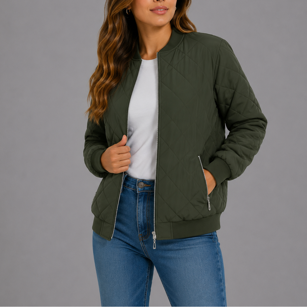 Clara Women's Quilted Bomber Jacket featuring a lightweight design and stylish diamond pattern, perfect for casual outings and layering in cooler weather. 5
