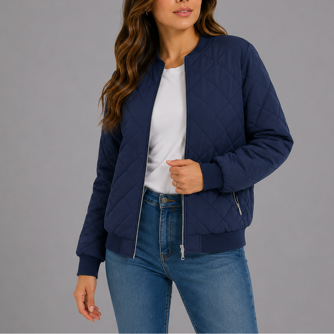 Clara Women's Quilted Bomber Jacket featuring a lightweight design and stylish diamond pattern, perfect for casual outings and layering in cooler weather. 7