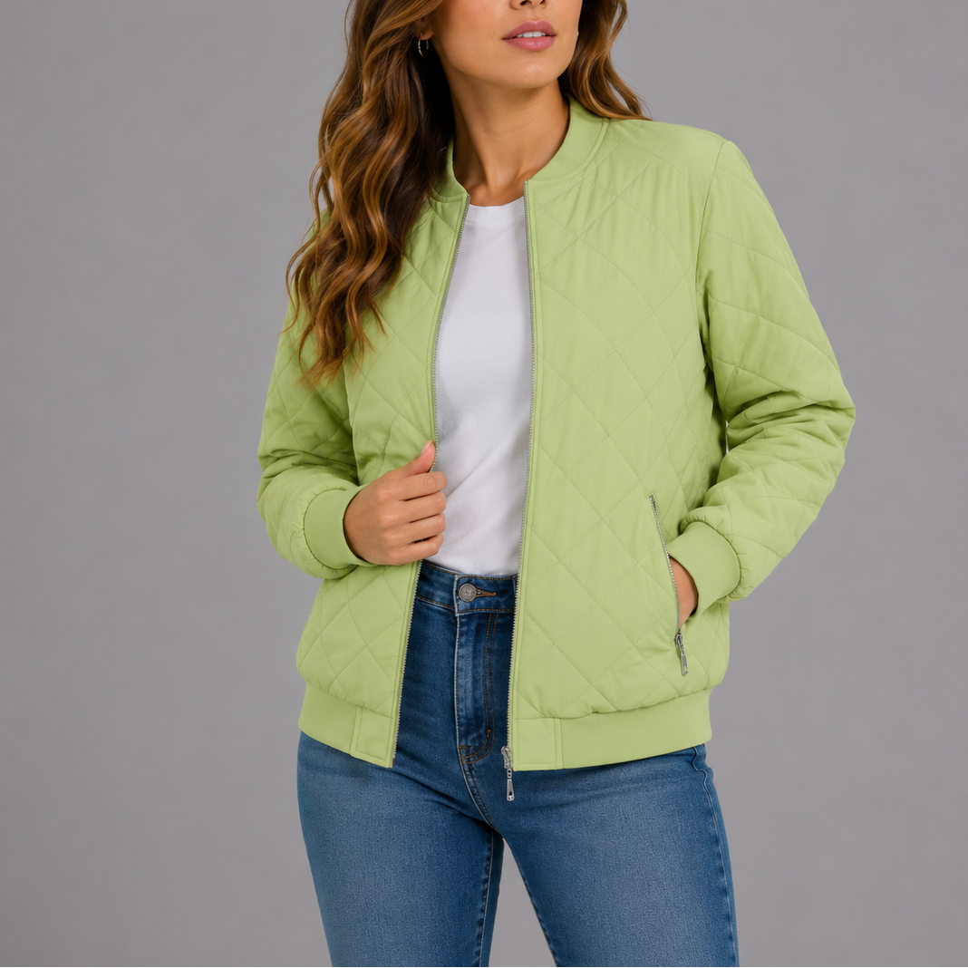Clara Women's Quilted Bomber Jacket featuring a lightweight design and stylish diamond pattern, perfect for casual outings and layering in cooler weather. 8