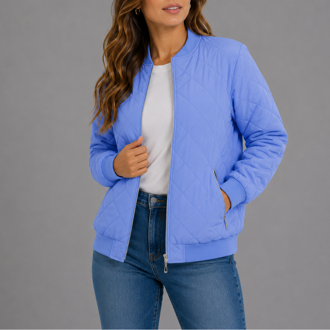 Clara Women's Quilted Bomber Jacket featuring a lightweight design and stylish diamond pattern, perfect for casual outings and layering in cooler weather. 9