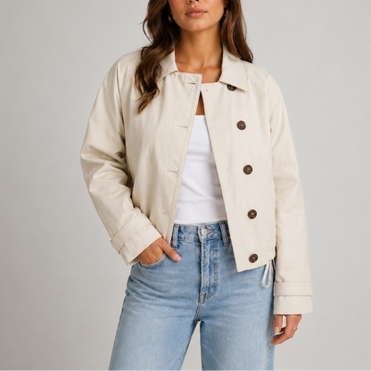 Cleo Women's Cropped Jacket in lightweight fabric featuring a classic collar, perfect for stylish layering in any season. 0