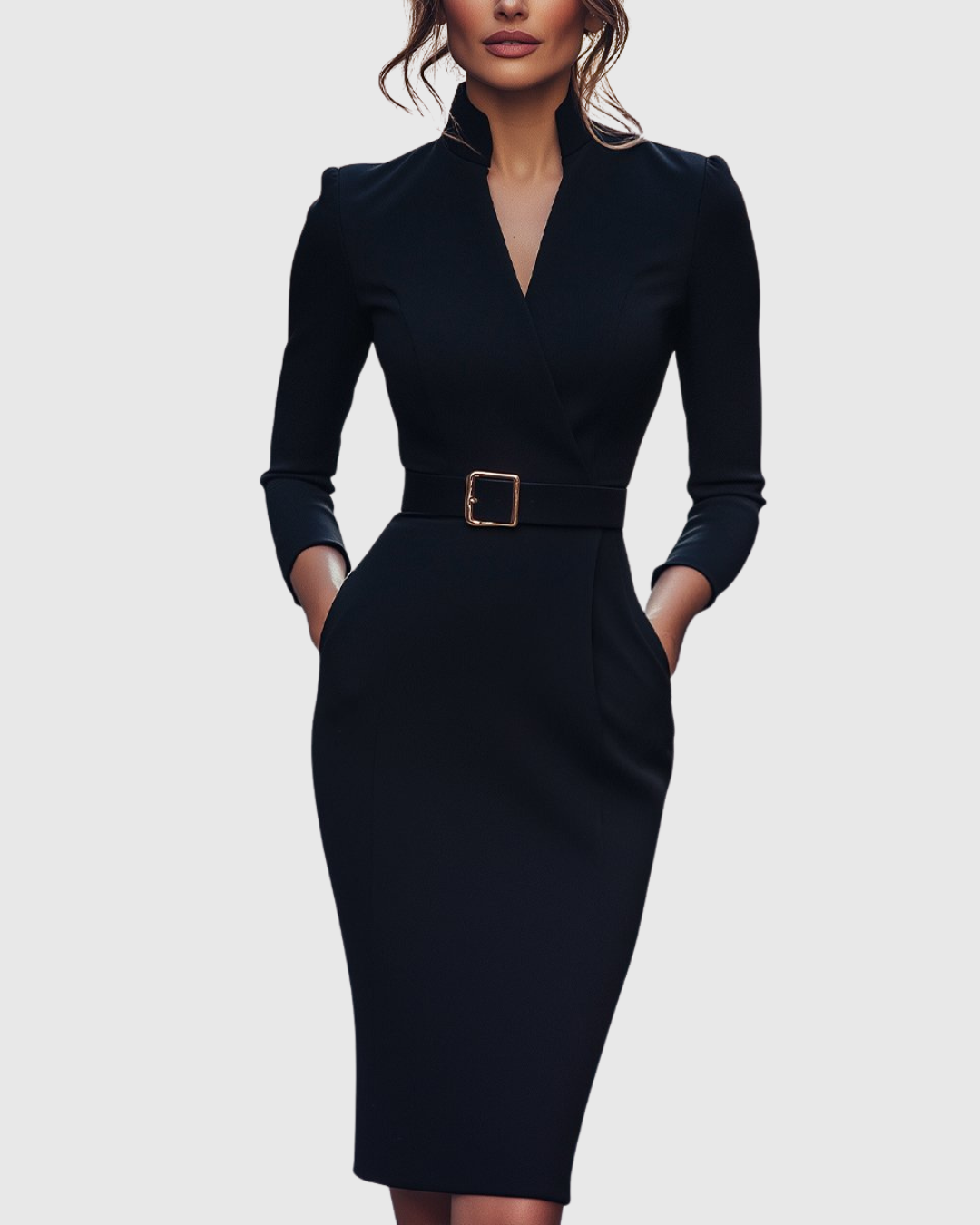 Cleo Women’s Midi Dress featuring a stylish mock wrap neckline and a structured belt, perfect for versatile styling and elegant occasions. 0