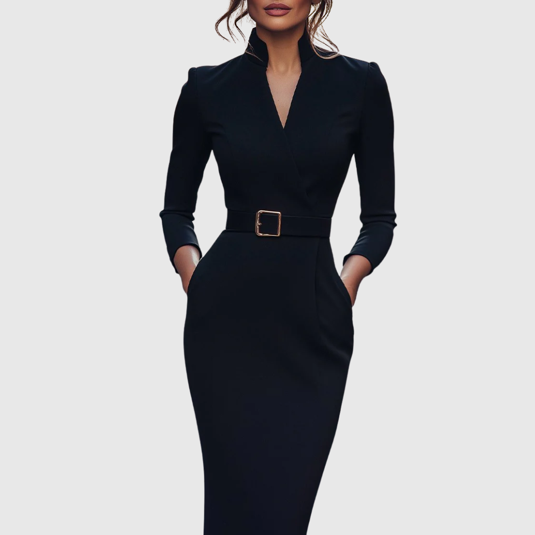 Cleo Women’s Midi Dress featuring a stylish mock wrap neckline and a structured belt, perfect for versatile styling and elegant occasions. 1