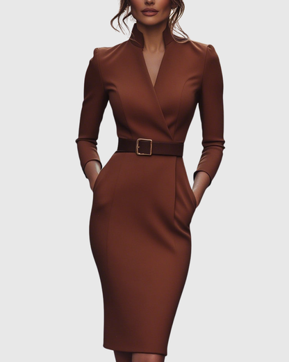 Cleo Women’s Midi Dress featuring a stylish mock wrap neckline and a structured belt, perfect for versatile styling and elegant occasions. 10