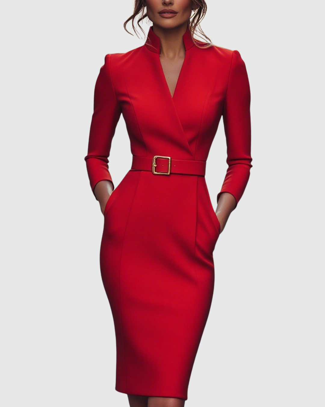 Cleo Women’s Midi Dress featuring a stylish mock wrap neckline and a structured belt, perfect for versatile styling and elegant occasions. 11