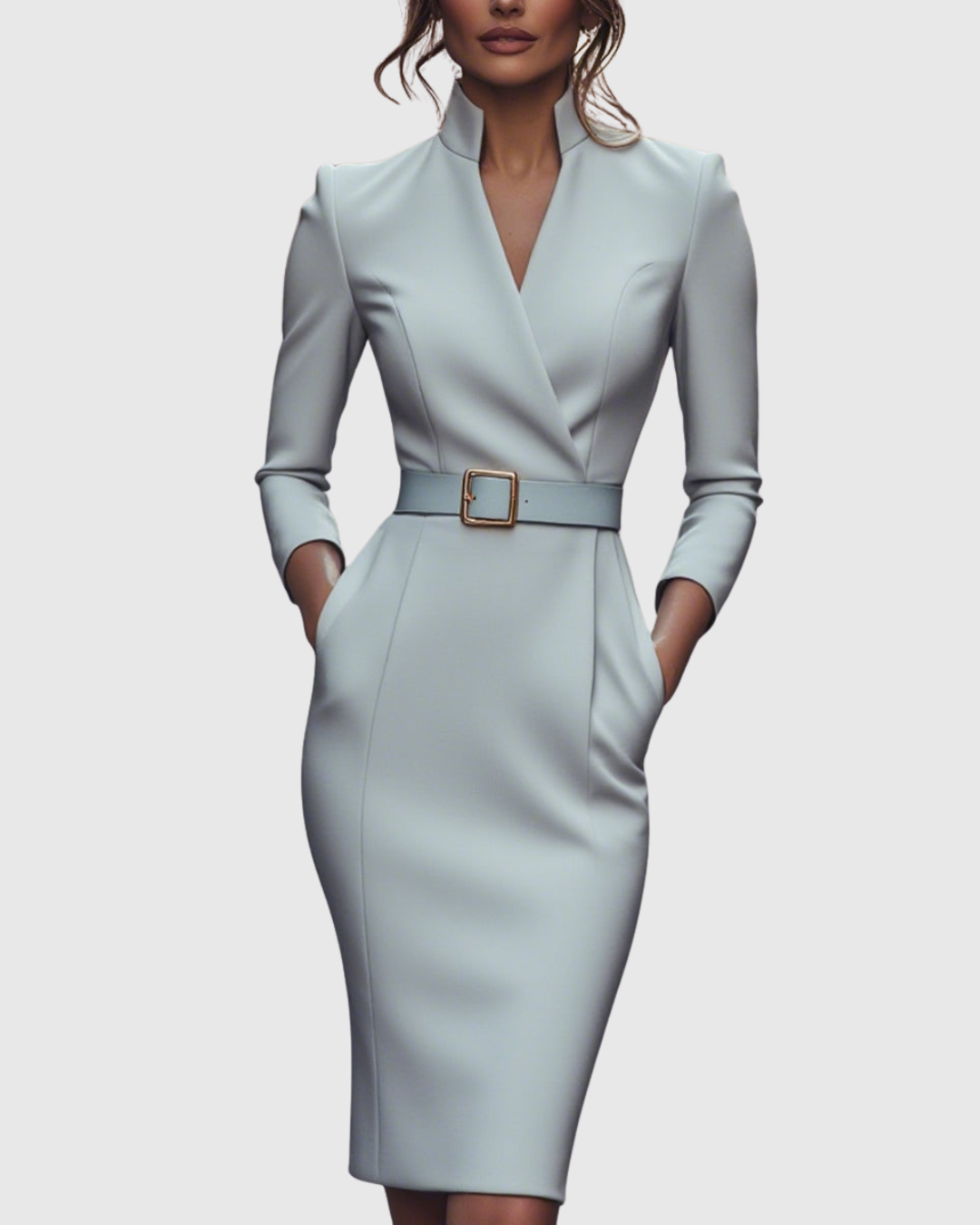 Cleo Women’s Midi Dress featuring a stylish mock wrap neckline and a structured belt, perfect for versatile styling and elegant occasions. 12