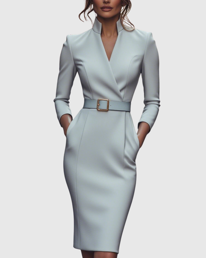 Cleo Women’s Midi Dress featuring a stylish mock wrap neckline and a structured belt, perfect for versatile styling and elegant occasions. 12
