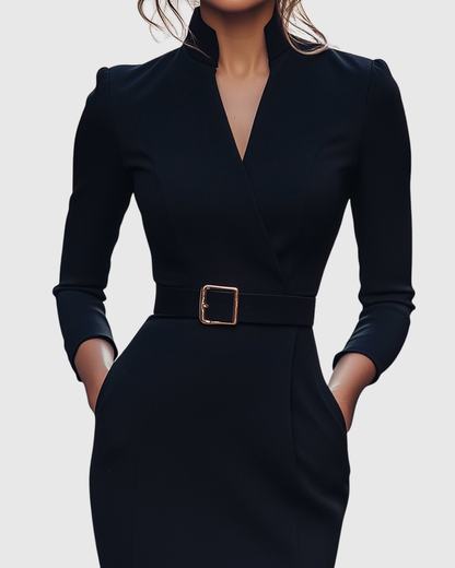 Cleo Women’s Midi Dress featuring a stylish mock wrap neckline and a structured belt, perfect for versatile styling and elegant occasions. 2