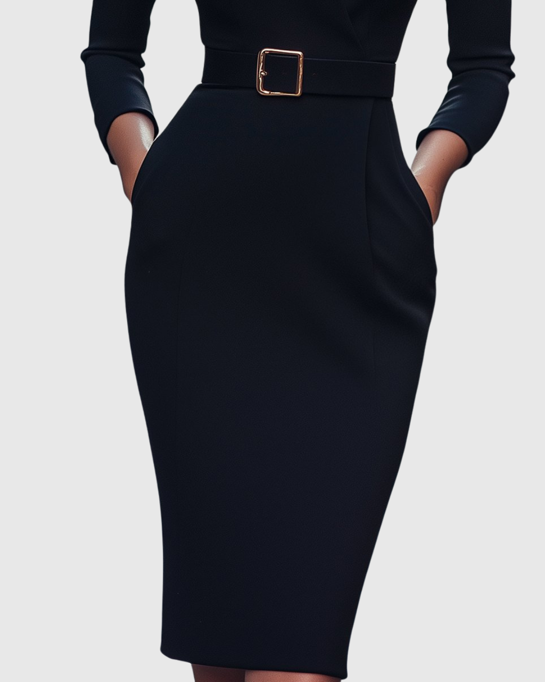 Cleo Women’s Midi Dress featuring a stylish mock wrap neckline and a structured belt, perfect for versatile styling and elegant occasions. 3