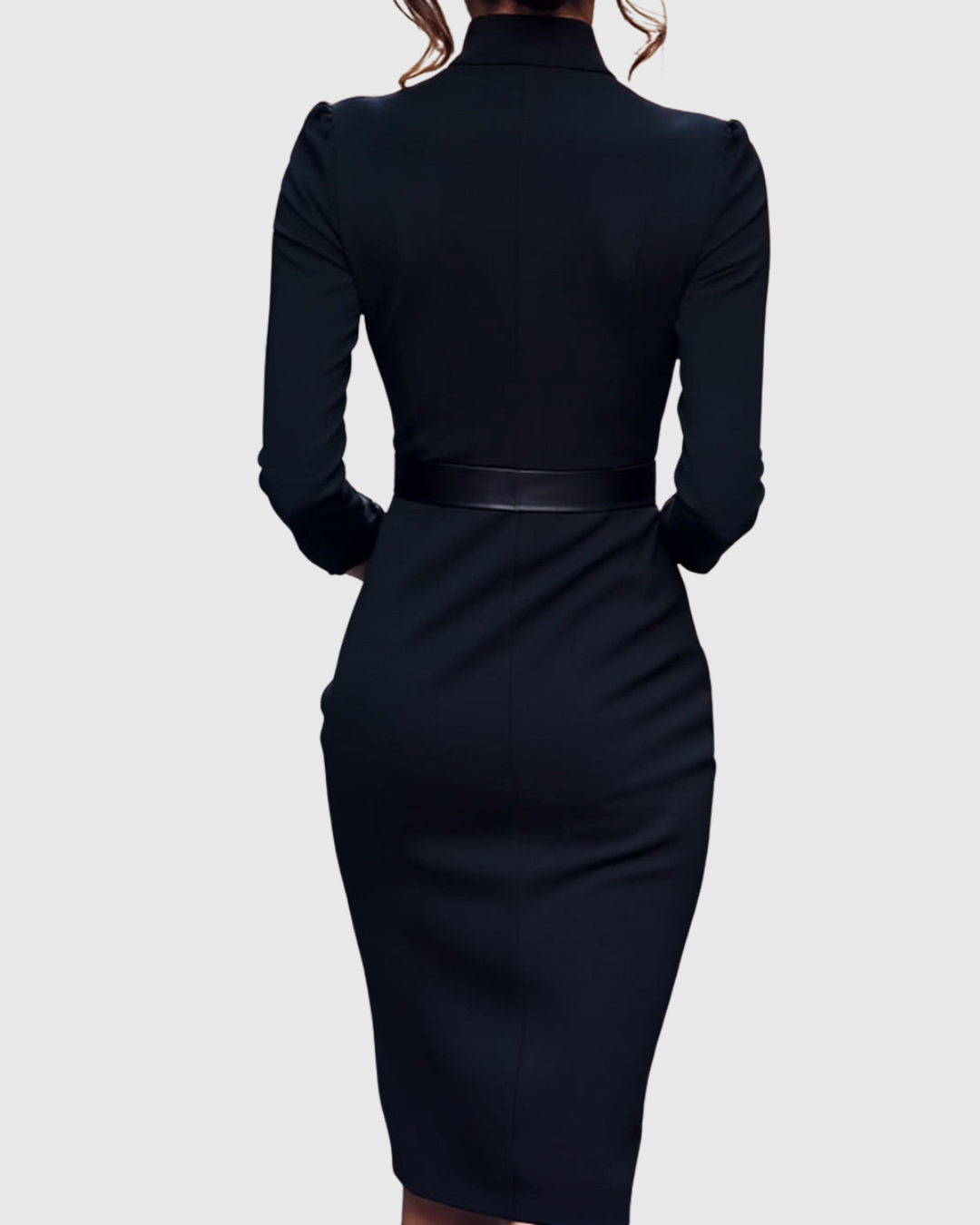 Cleo Women’s Midi Dress featuring a stylish mock wrap neckline and a structured belt, perfect for versatile styling and elegant occasions. 5