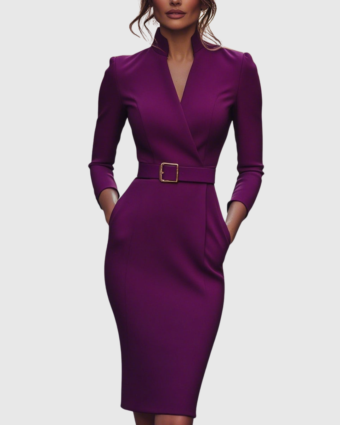Cleo Women’s Midi Dress featuring a stylish mock wrap neckline and a structured belt, perfect for versatile styling and elegant occasions. 6