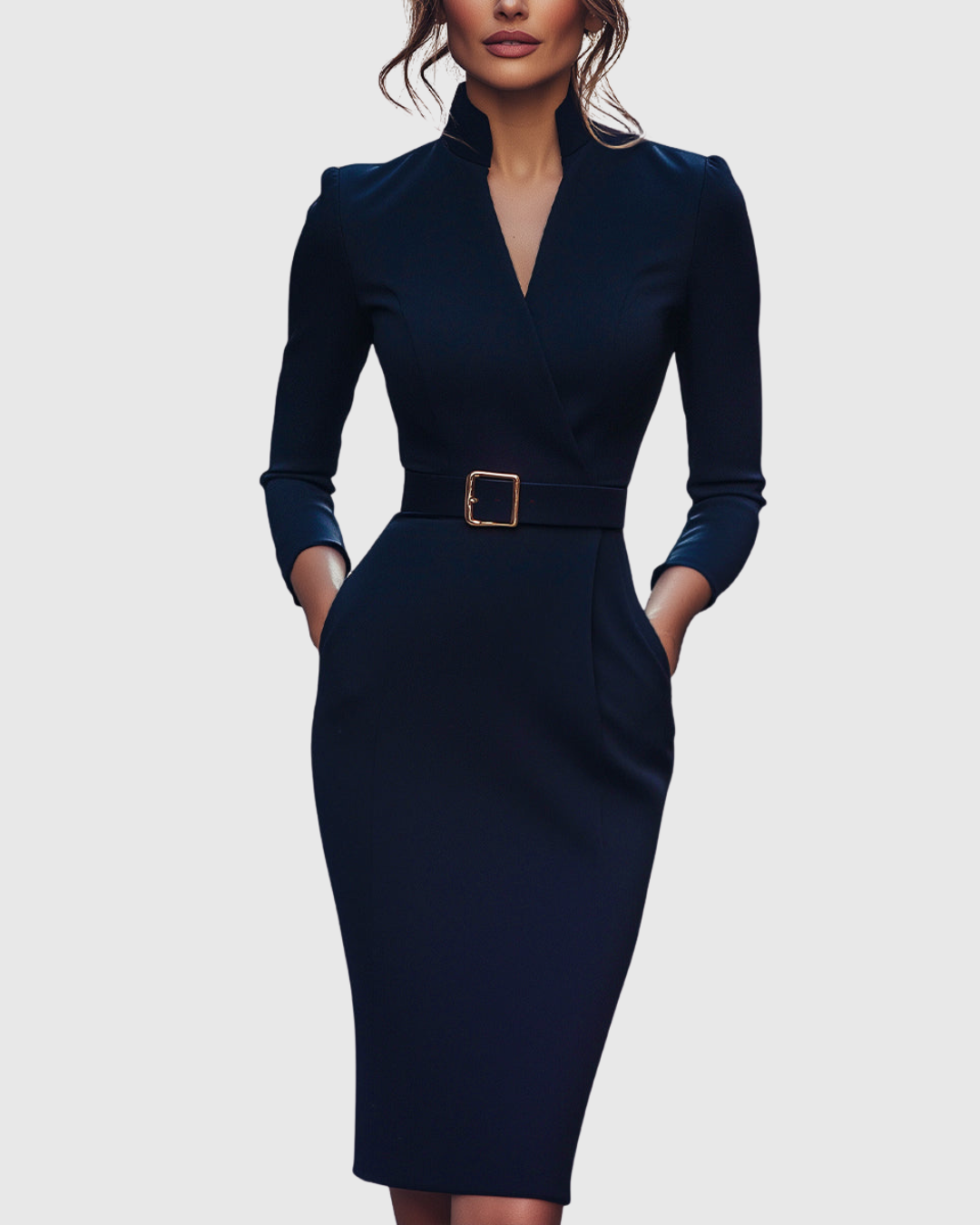 Cleo Women’s Midi Dress featuring a stylish mock wrap neckline and a structured belt, perfect for versatile styling and elegant occasions. 7
