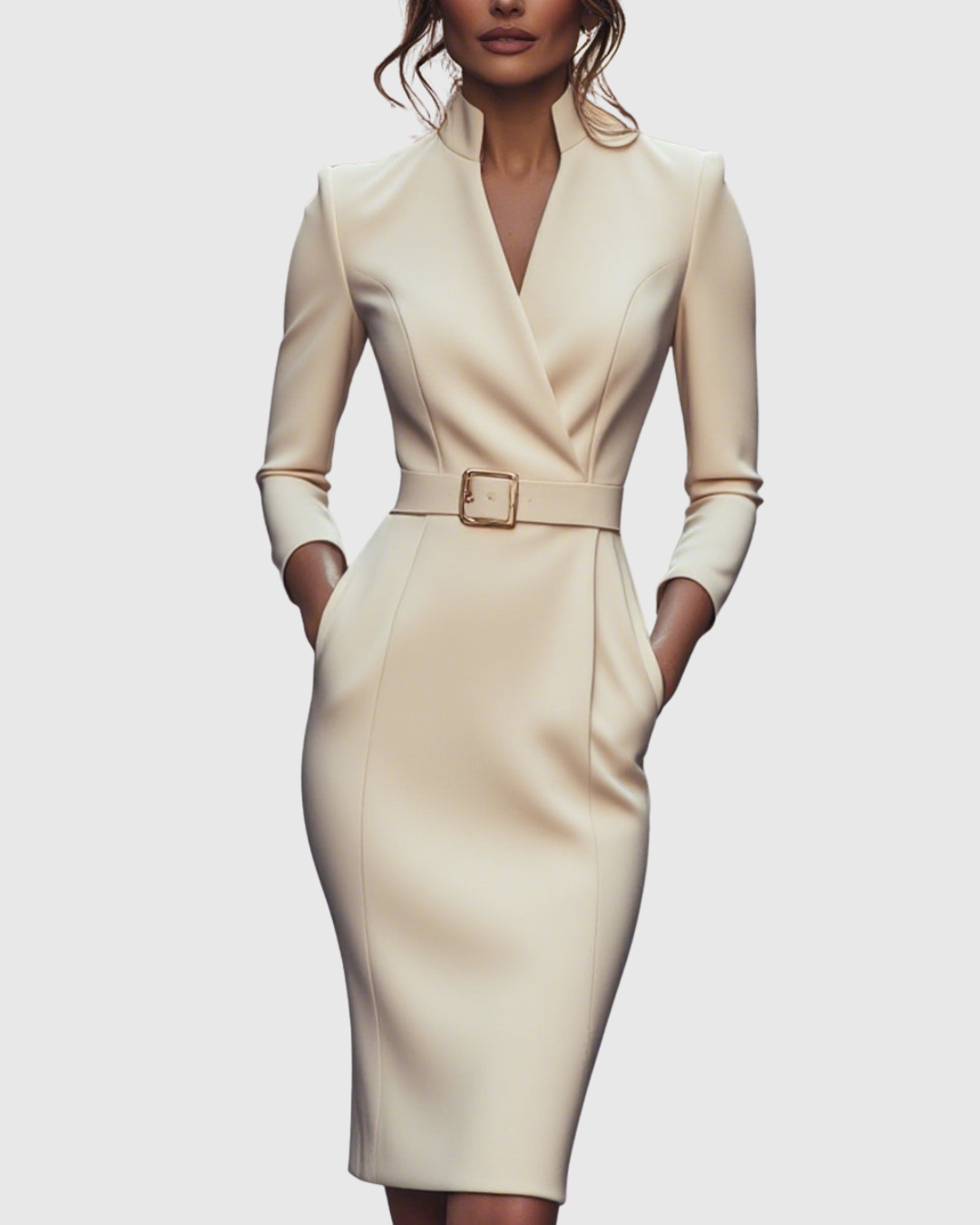 Cleo Women’s Midi Dress featuring a stylish mock wrap neckline and a structured belt, perfect for versatile styling and elegant occasions. 9